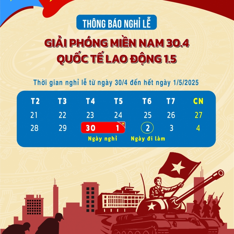 THÔNG BÁO LỊCH NGHỈ LỄ 30/4 VÀ 1/5